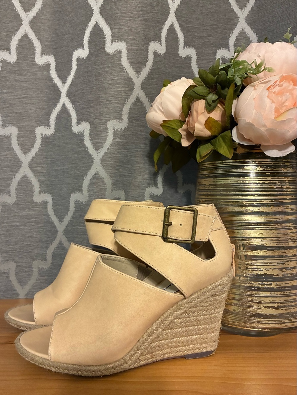 Michael Antonio Cream Espadrille Wedge Sandals with Buckle